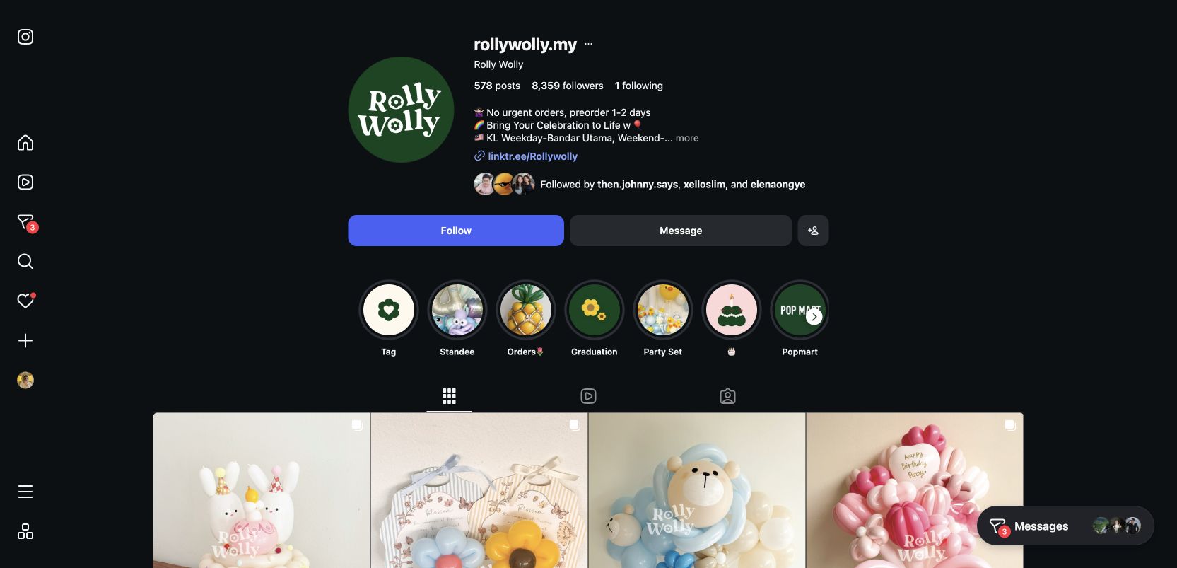 A colourful selection of personalised Rolly Wolly balloon creations
